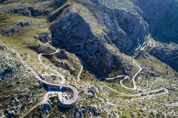 Aerial photo with a fantastic view of the winding road that leads to Sa Calobra.